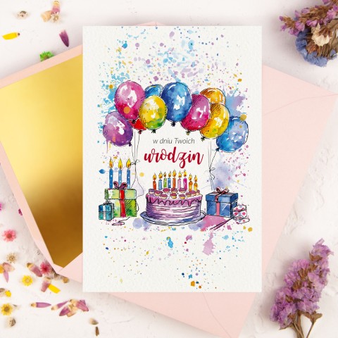 Kartka na urodziny dla dziecka z konfetti, balonami i tortem - Party